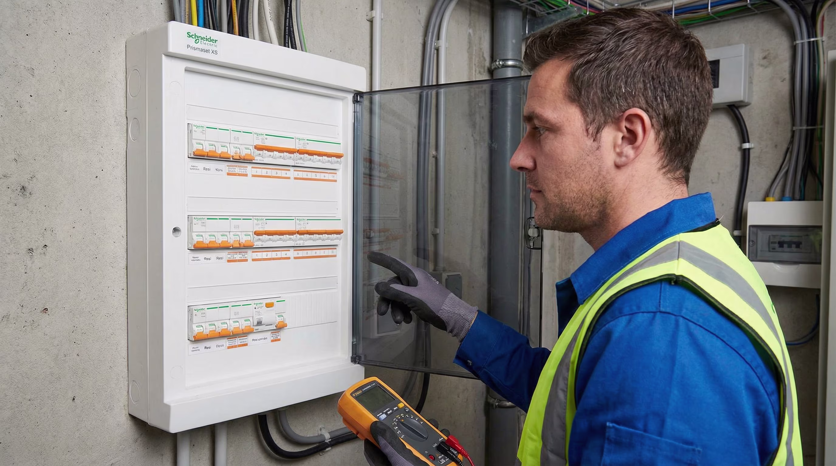 Afbeelding van elektrische bekabeling, een netwerkswitch of camera
